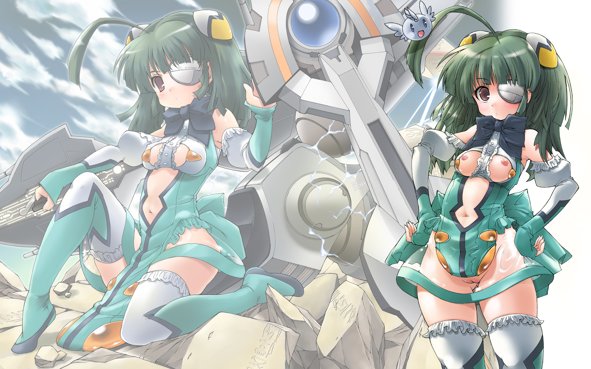 mima chi, tita nium, otomedius, highres, 1girl, ahoge, blunt bangs, boots, breasts, cleavage, detached sleeves, eyepatch, frilled thighhighs, frills, green boots, green hair, hands on own hips, medium breasts, navel, necktie, nipples, no panties, pelvic curtain, pussy, revealing clothes, see-through clothes, see-through skirt, short hair, skirt, thighhighs