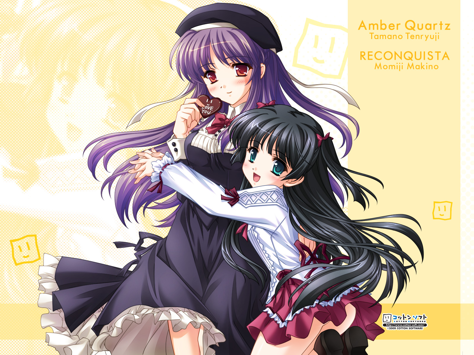 ankoromochi, makino momiji, tenryuuji tamano, tokikuni miyako, amber quartz, reconquista, highres, 2girls, aqua eyes, black hair, crossover, dress, hat, long hair, multiple girls, purple hair, red eyes, valentine