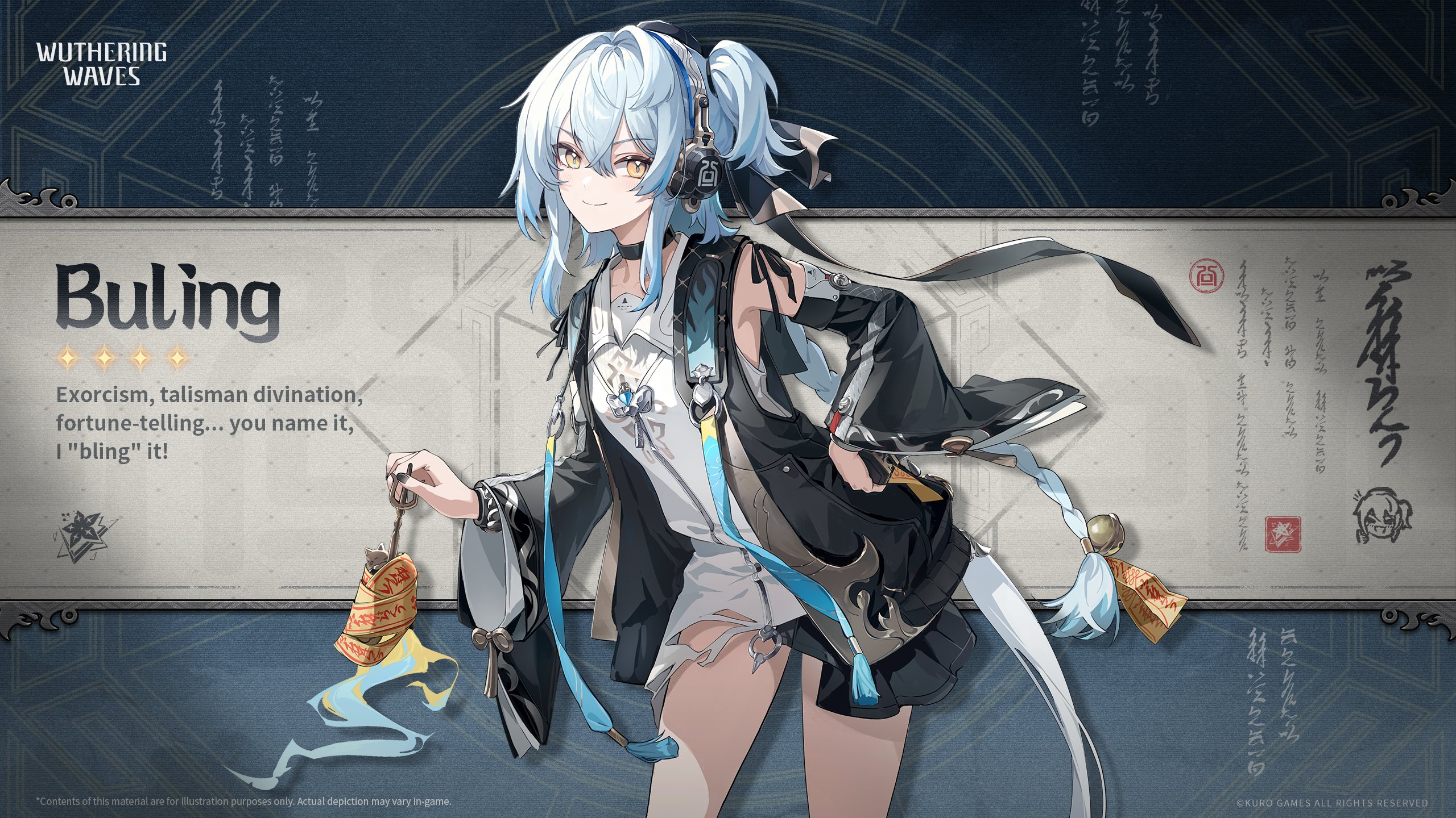 buling (wuthering waves), wuthering waves, commentary, english commentary, highres, official art, 1girl, black choker, black jacket, blue hair, braid, breasts, choker, closed mouth, detached sleeves, dress, english text, hair between eyes, hand on own hip, headphones, holding, jacket, leaning forward, logo, long hair, looking at viewer, medium hair, side ponytail, small breasts, smile, solo, white dress, yellow eyes