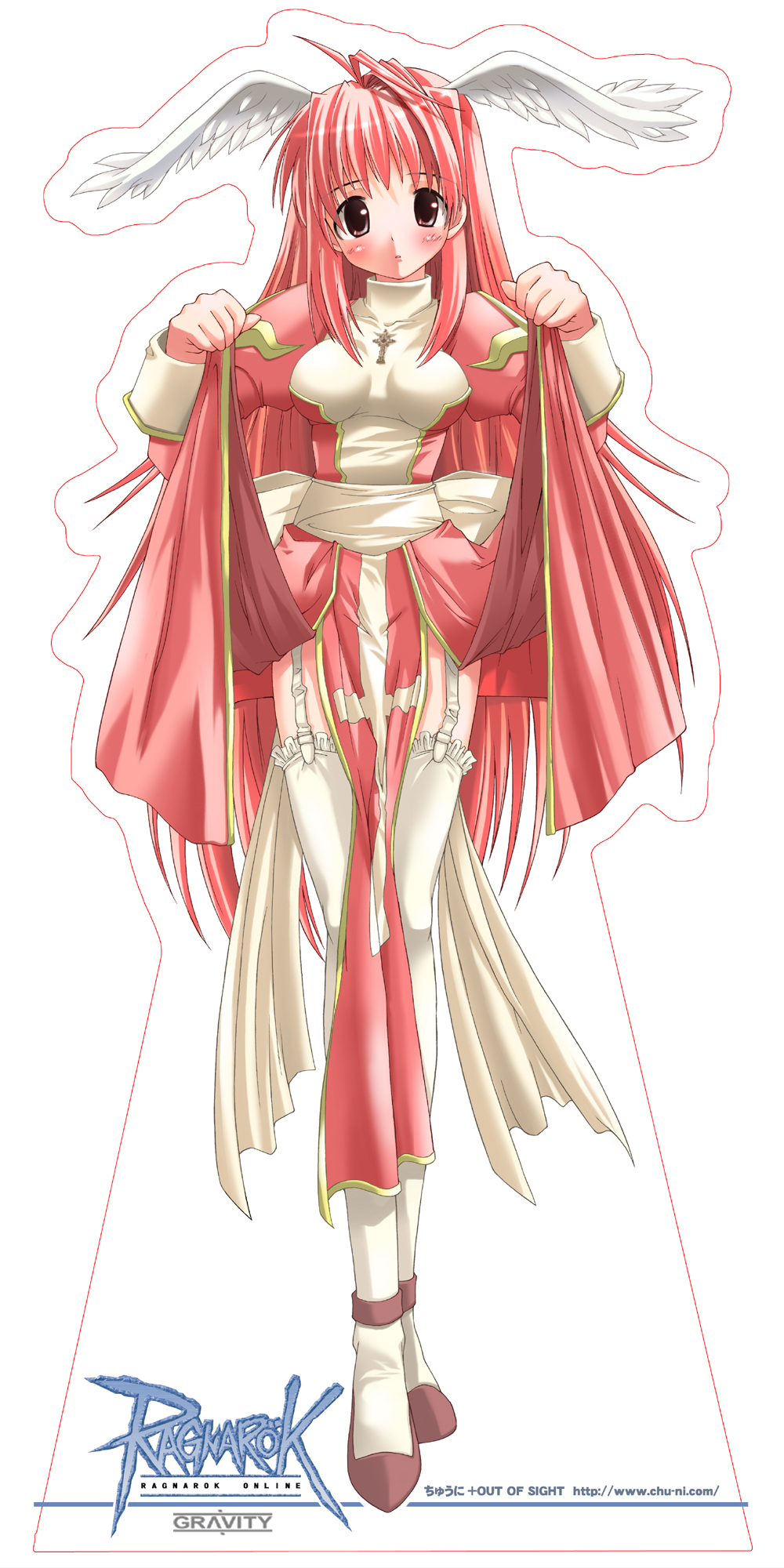 mima chi, high priest (ragnarok online), ragnarok online, highres, 1girl, blush, breasts, character cutout, clothes lift, cross, dress, dress lift, female focus, garter belt, garter straps, head wings, high priestess, long hair, pink hair, skirt, skirt lift, solo, thighhighs, very long hair, white thighhighs, wings
