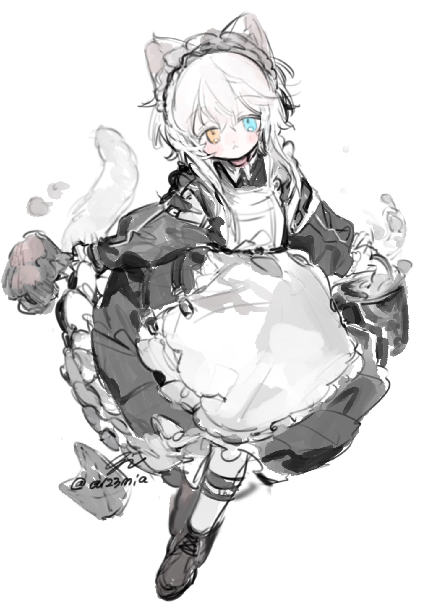 a123mia, original, highres, 1boy, :<, animal ears, apron, black dress, black shoes, blue eyes, blush, bucket, cat boy, cat ears, cat tail, crossdressing, dress, frills, full body, heterochromia, holding, holding bucket, long sleeves, looking at viewer, maid, maid apron, maid headdress, male focus, shoes, short hair, simple background, sketch, solo, tail, trap, white apron, white background, white hair, yellow eyes