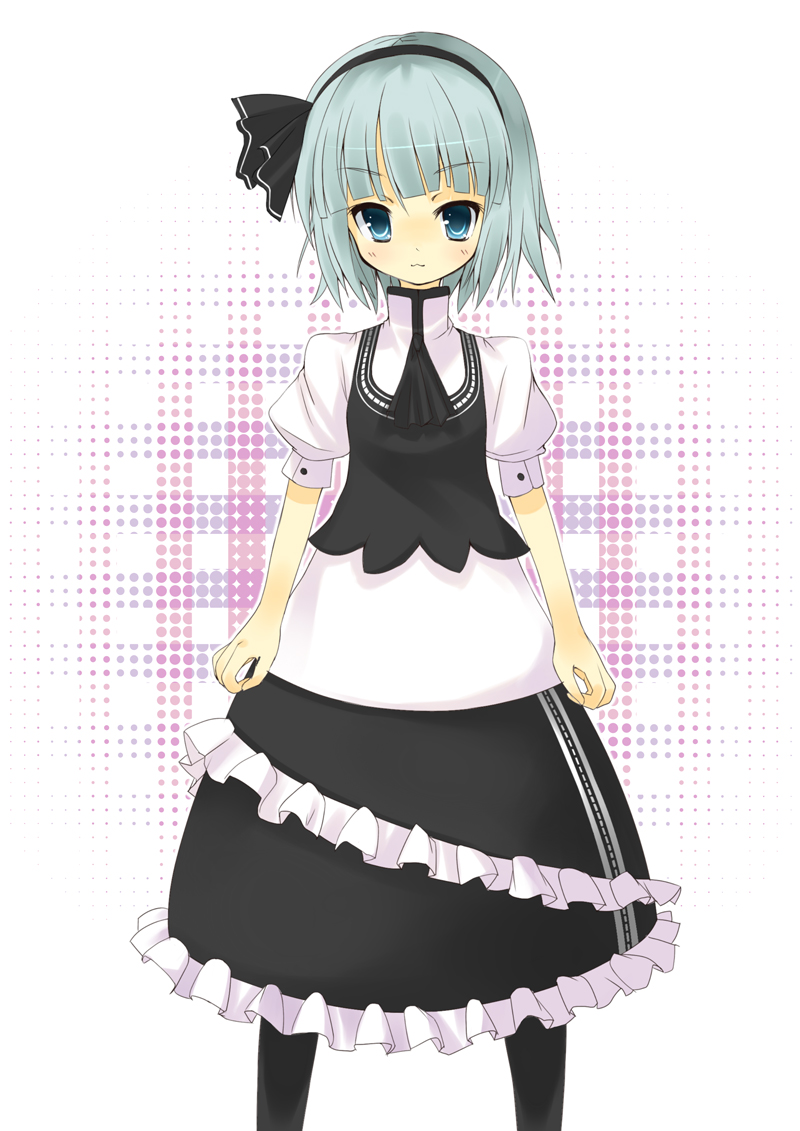 amaa (chou dennou jidai), konpaku youmu, touhou, silver hair, 1girl, :3, blue eyes, dress, female focus, hair ribbon, hairband, halftone, halftone background, pantyhose, ribbon, solo, white background