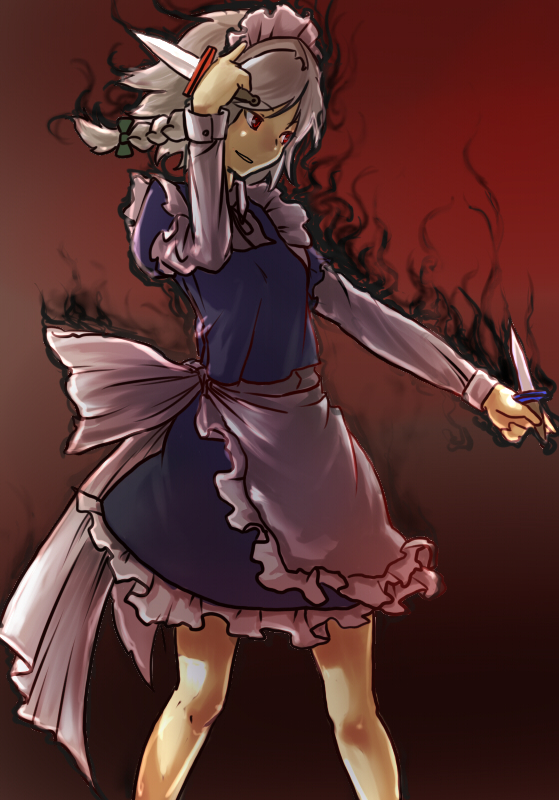 suzuki ritsu, izayoi sakuya, touhou, silver hair, 1girl, aura, dark aura, dual wielding, female focus, holding, knife, maid, red eyes, solo