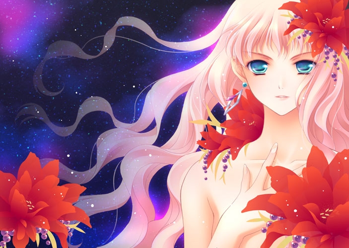 nishiwaki yuuri, sheryl nome, macross, macross frontier, 00s, 1girl, aqua eyes, blue eyes, collarbone, earrings, eyebrows hidden by hair, eyes visible through hair, female focus, floating hair, flower, grin, hand on own chest, jewelry, lips, long hair, looking at viewer, naughty face, neck, nude, parted lips, pink hair, red flower, sky, smile, solo, star (sky), starry sky
