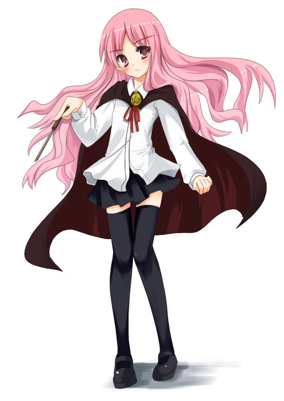 shouji ayumu, louise francoise le blanc de la valliere, zero no tsukaima, bad id, bad pixiv id, 00s, 1girl, black thighhighs, cape, female focus, long hair, pentacle, pink eyes, pink hair, skirt, solo, thighhighs, wand, white background, zettai ryouiki