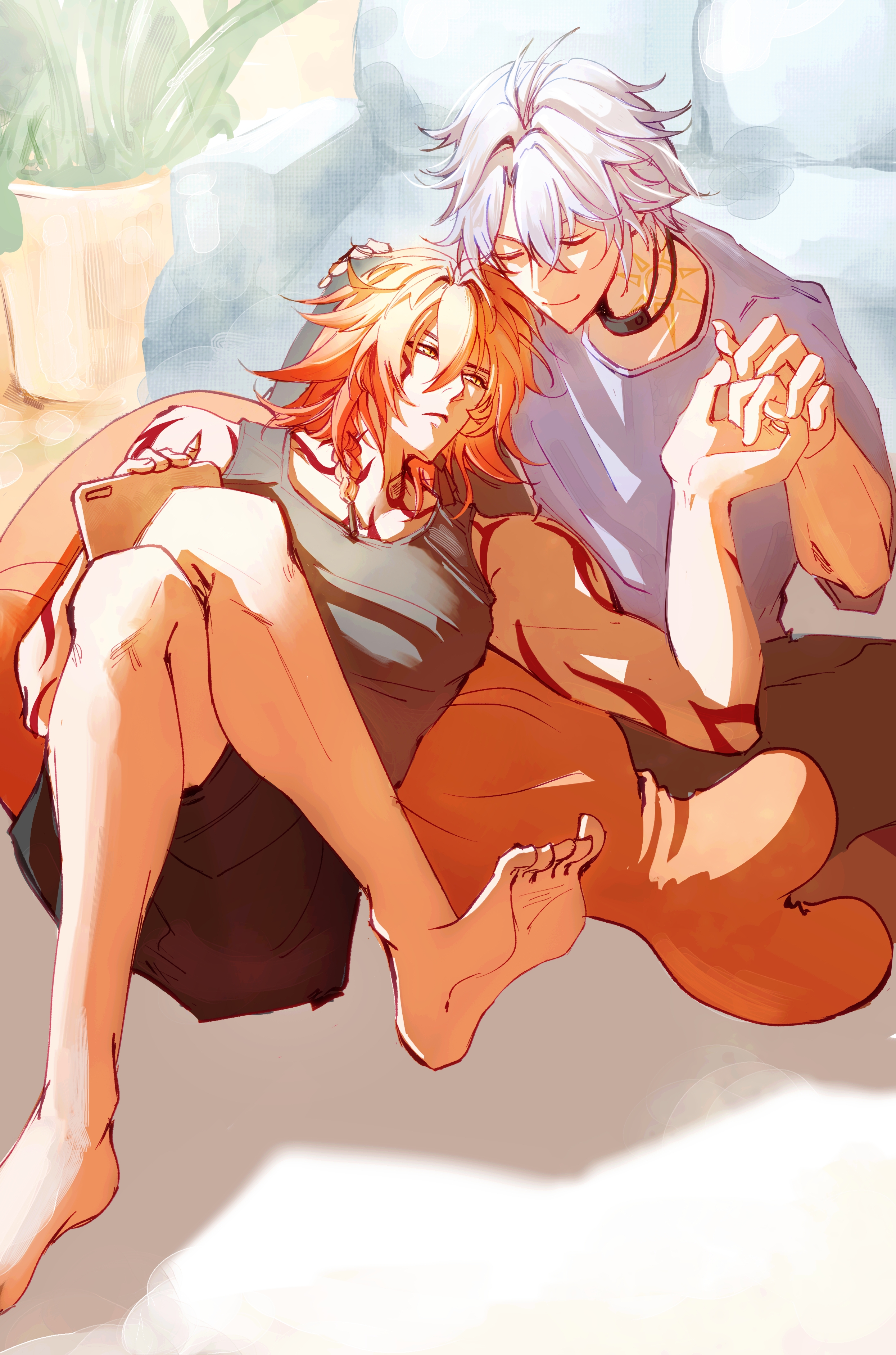 mydei (honkai: star rail), phainon (honkai: star rail), honkai: star rail, honkai (series), absurdres, chinese commentary, commentary request, highres, 2boys, antenna hair, apotofice, arm tattoo, black choker, black shorts, black tank top, blonde hair, braid, chest tattoo, choker, closed eyes, facial tattoo, gradient hair, male focus, medium hair, multicolored hair, multiple boys, neck tattoo, parted bangs, red hair, red tattoo, shirt, short hair, shorts, side braid, sun symbol, sun tattoo, tan, tank top, tattoo, white hair, white shirt, yaoi, yellow eyes