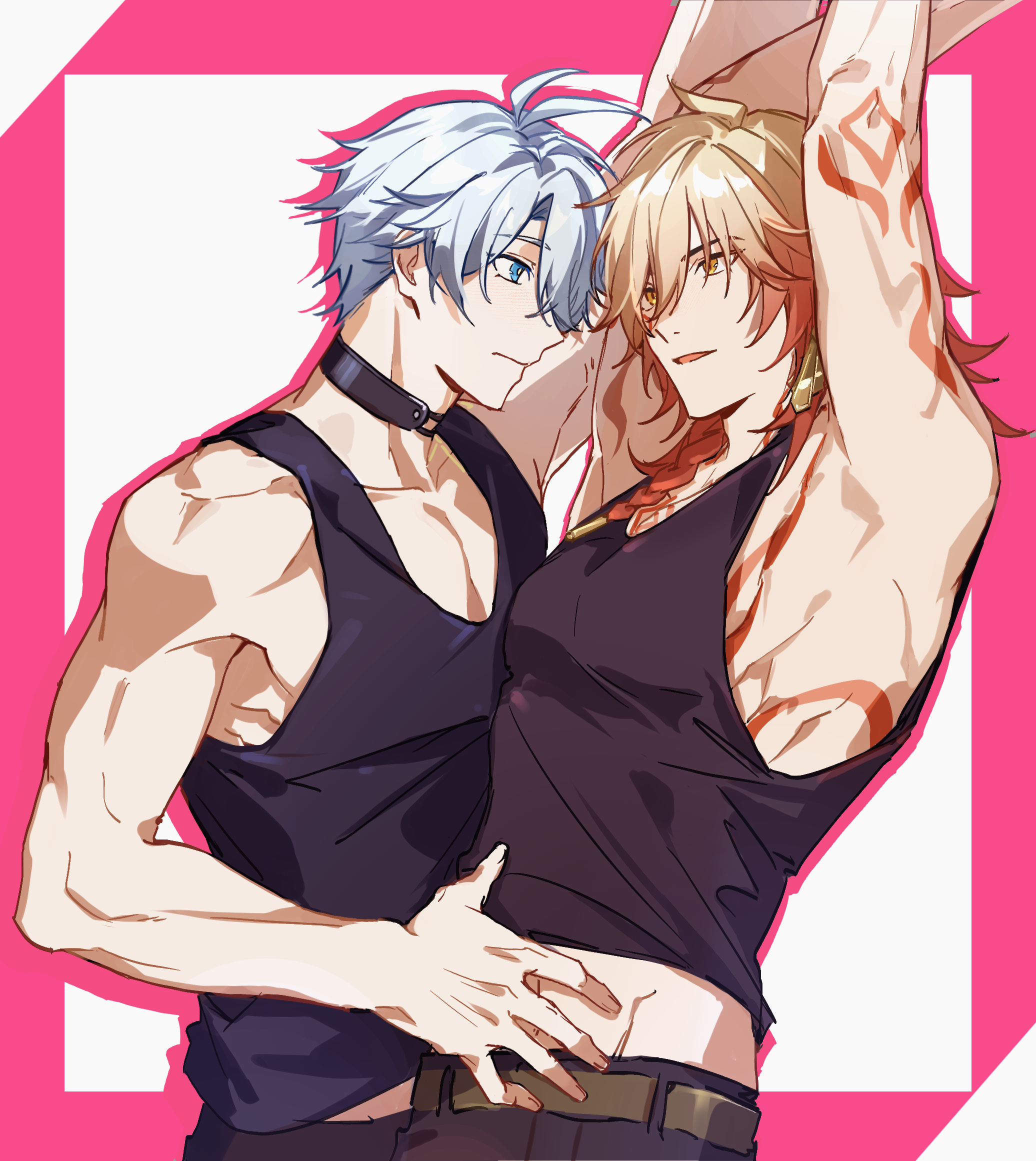 migan, mydei (honkai: star rail), phainon (honkai: star rail), honkai: star rail, honkai (series), highres, 2boys, antenna hair, arm tattoo, arms up, belt, black choker, black pants, black tank top, blonde hair, blue eyes, braid, brown belt, chest tattoo, choker, earrings, facial tattoo, gold earrings, gradient hair, jewelry, male focus, medium hair, multicolored hair, multiple boys, neck tattoo, pants, parted bangs, red hair, red tattoo, short hair, side braid, tank top, tattoo, toned, toned male, white hair, yaoi, yellow eyes