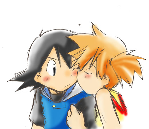 ash ketchum, misty (pokemon), nintendo, pokemon, pokemon (anime), 1boy, 1girl, black hair, blush, child, heart, hetero, kiss, no headwear, orange hair