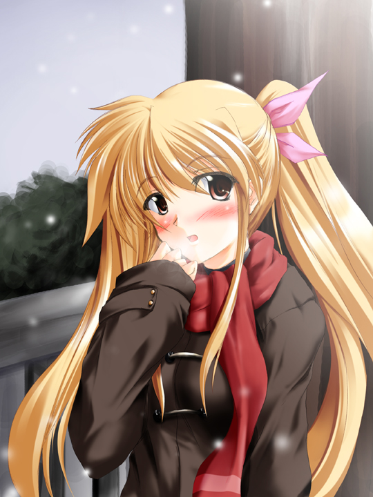 fate testarossa, lyrical nanoha, mahou shoujo lyrical nanoha, mahou shoujo lyrical nanoha strikers, non-web source, 00s, blonde hair, blush, breath, long hair, red eyes, scarf, snow, solo, twintails, winter clothes