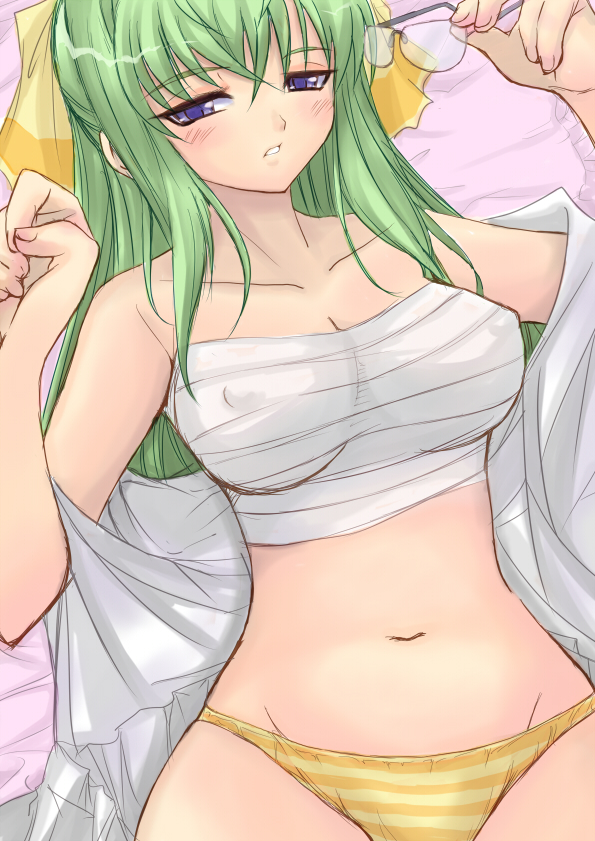 garyou, kannagi itsuki, shimoyama mutsumi, sora wo kakeru shoujo, 00s, 1girl, bandages, bed, blanket, blue eyes, blush, breasts, chest sarashi, covered erect nipples, female focus, glasses, green hair, hip focus, large breasts, long hair, lying, midriff, panties, sarashi, solo, striped clothes, striped panties, underwear, wide hips
