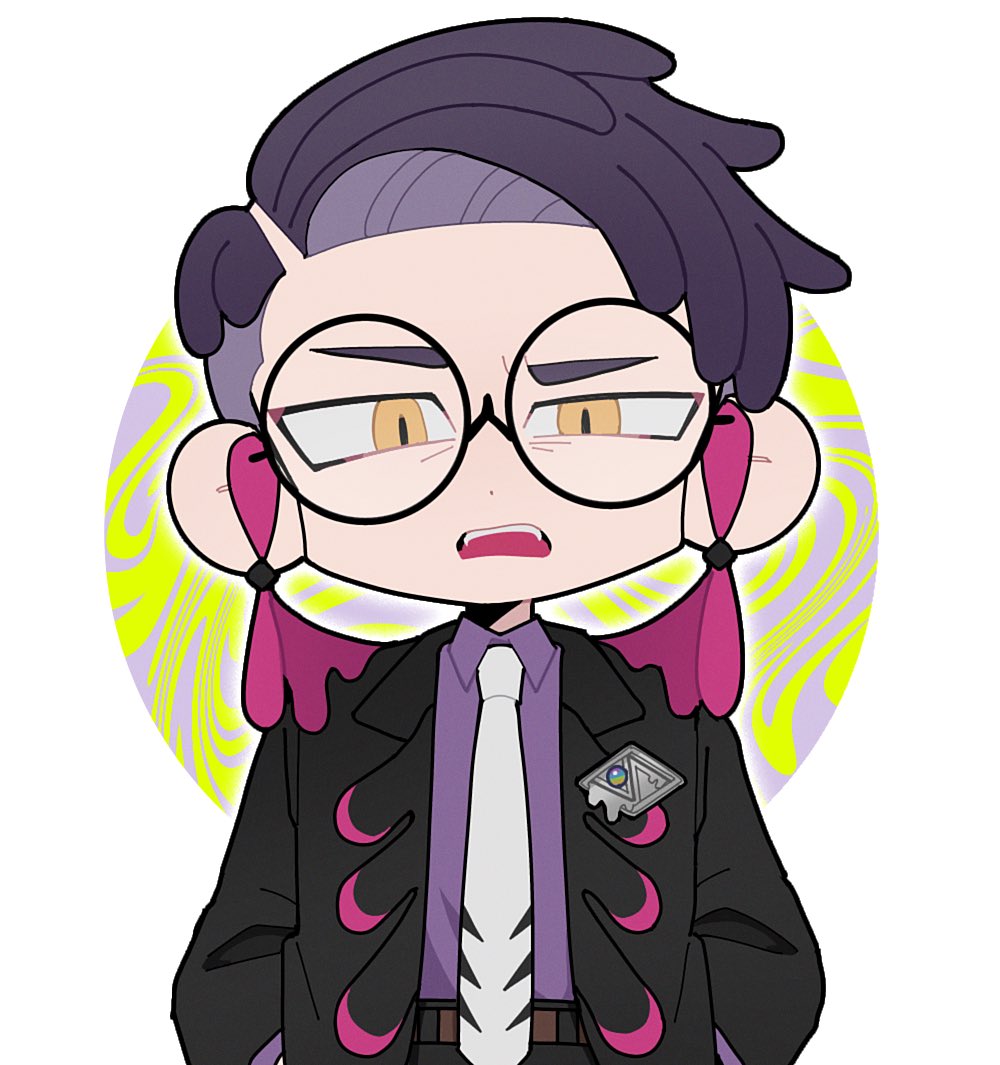 nnagi0111, corbeau (pokemon), nintendo, pokemon, pokemon legends: z-a, commentary request, 1boy, belt, black hair, black jacket, black pants, brown belt, collared shirt, dot nose, glasses, hands in pockets, jacket, long sleeves, looking at viewer, male focus, necktie, open mouth, orange eyes, pants, purple shirt, round eyewear, shirt, simple background, slit pupils, solo, undercut, upper body