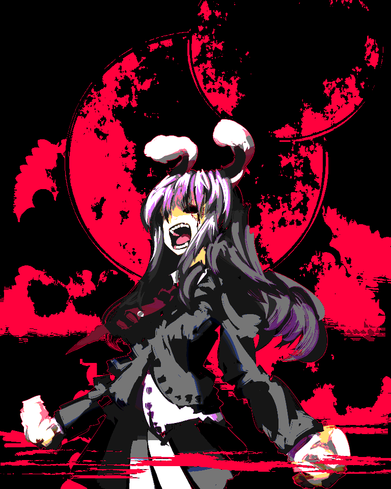yoshioka yoshiko, reisen udongein inaba, touhou, 1girl, animal ears, black background, female focus, long hair, moon, necktie, purple hair, rabbit ears, solo, standing