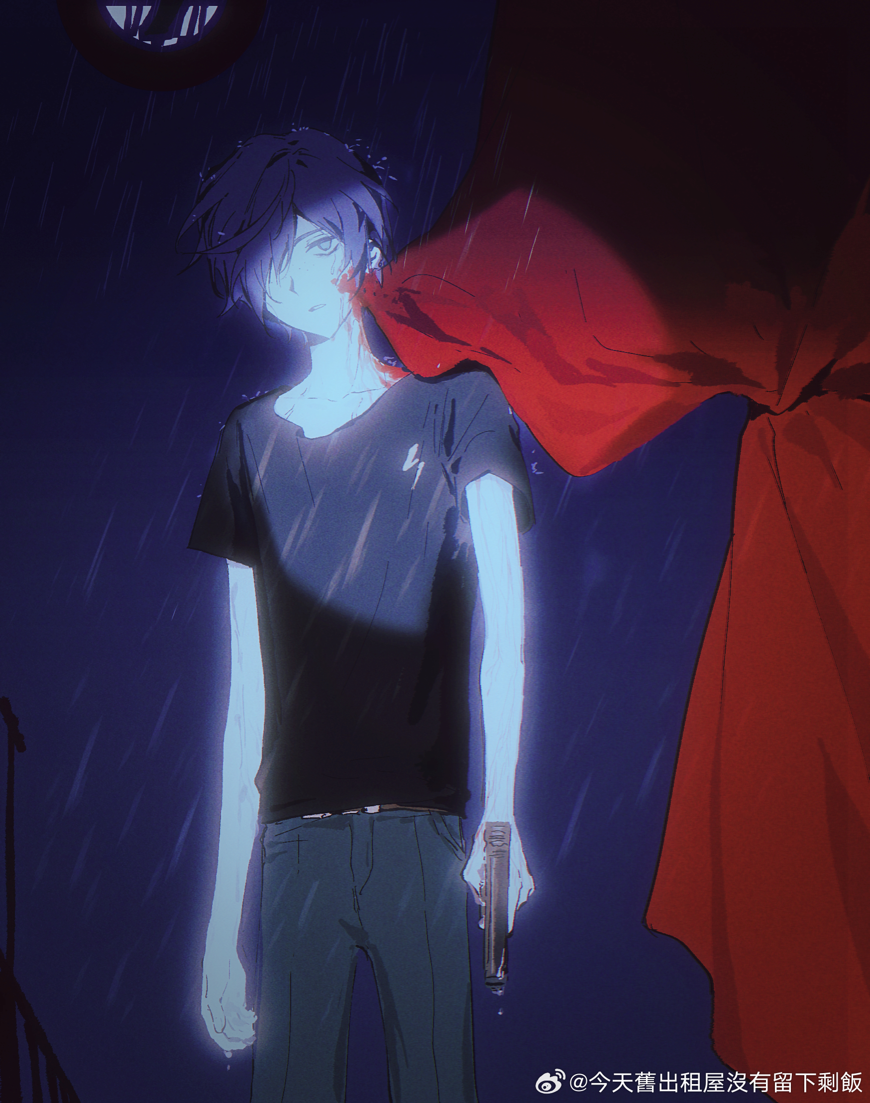 mint1618680, kuji toi, sarazanmai, highres, 1boy, bags under eyes, belt, black pants, blood, blood on face, collarbone, curtains, freckles, gun, hair over one eye, handgun, holding, holding gun, holding weapon, male focus, outdoors, pants, parted lips, rain, short hair, short sleeves, solo, spotlight, weapon