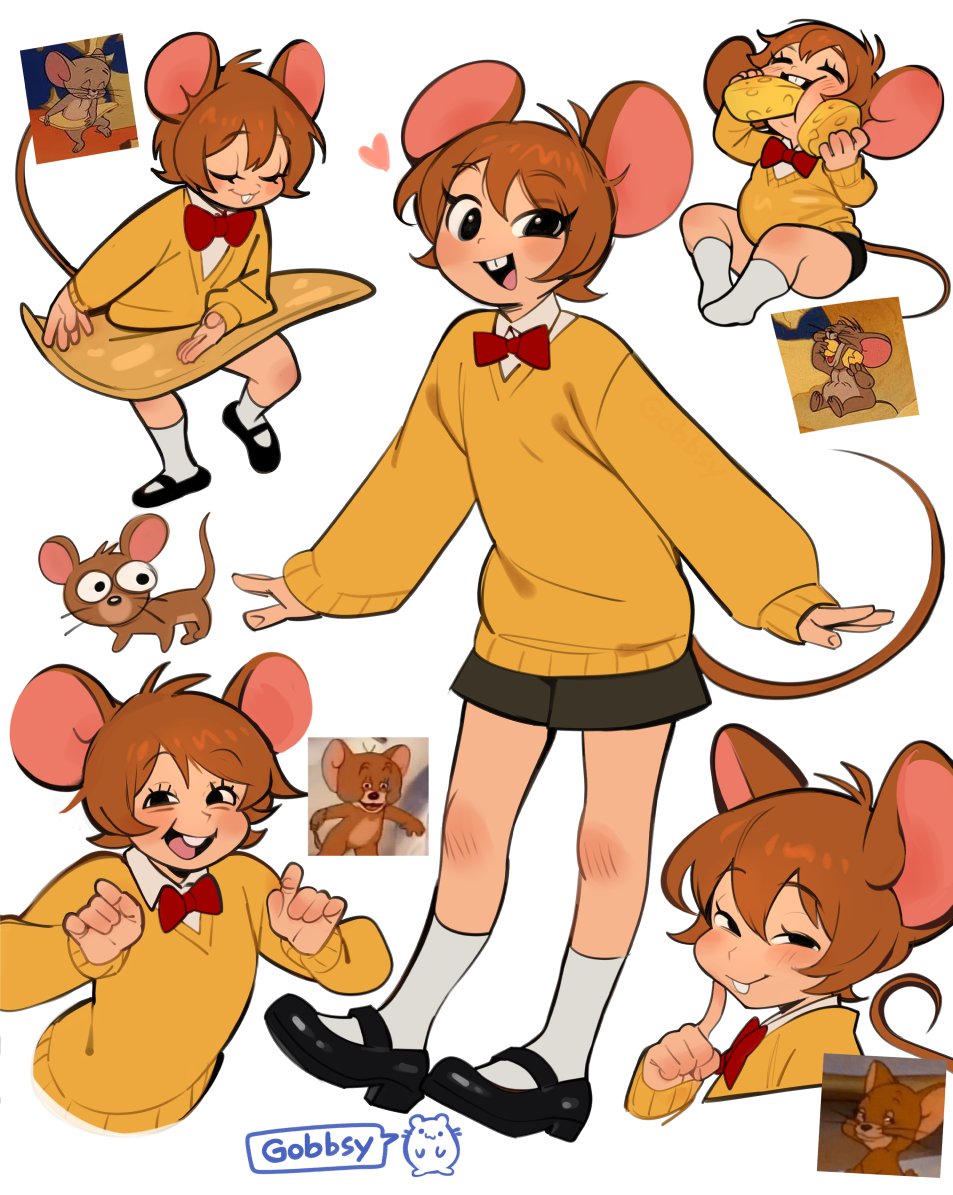 gobbsy art, jerry (tom and jerry), tom and jerry, commentary, english commentary, 1boy, animal ears, artist name, black eyes, black shoes, black shorts, bow, bowtie, brown hair, buck teeth, closed eyes, eating, full body, grin, long sleeves, looking at viewer, male focus, mary janes, mouse ears, mouse girl, mouse tail, multiple views, personification, red bow, red bowtie, reference inset, shoes, shorts, simple background, smile, smug, socks, sweater, tail, teeth, white background, white socks, wing collar, yellow sweater