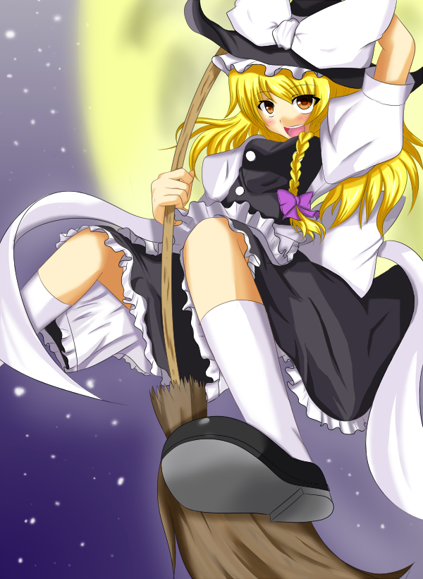 zefyu, kirisame marisa, touhou, bad id, bad pixiv id, 1girl, blonde hair, braid, broom, broom riding, female focus, gradient background, hat, long hair, outdoors, sky, solo, witch, witch hat, yellow eyes