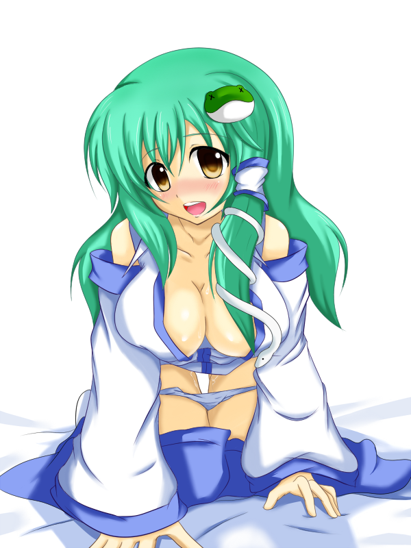 zefyu, kochiya sanae, touhou, bad id, bad pixiv id, 1girl, blush, breasts, cleavage, detached sleeves, female focus, green hair, huge breasts, panties, panty pull, solo, underwear, white background, yellow eyes