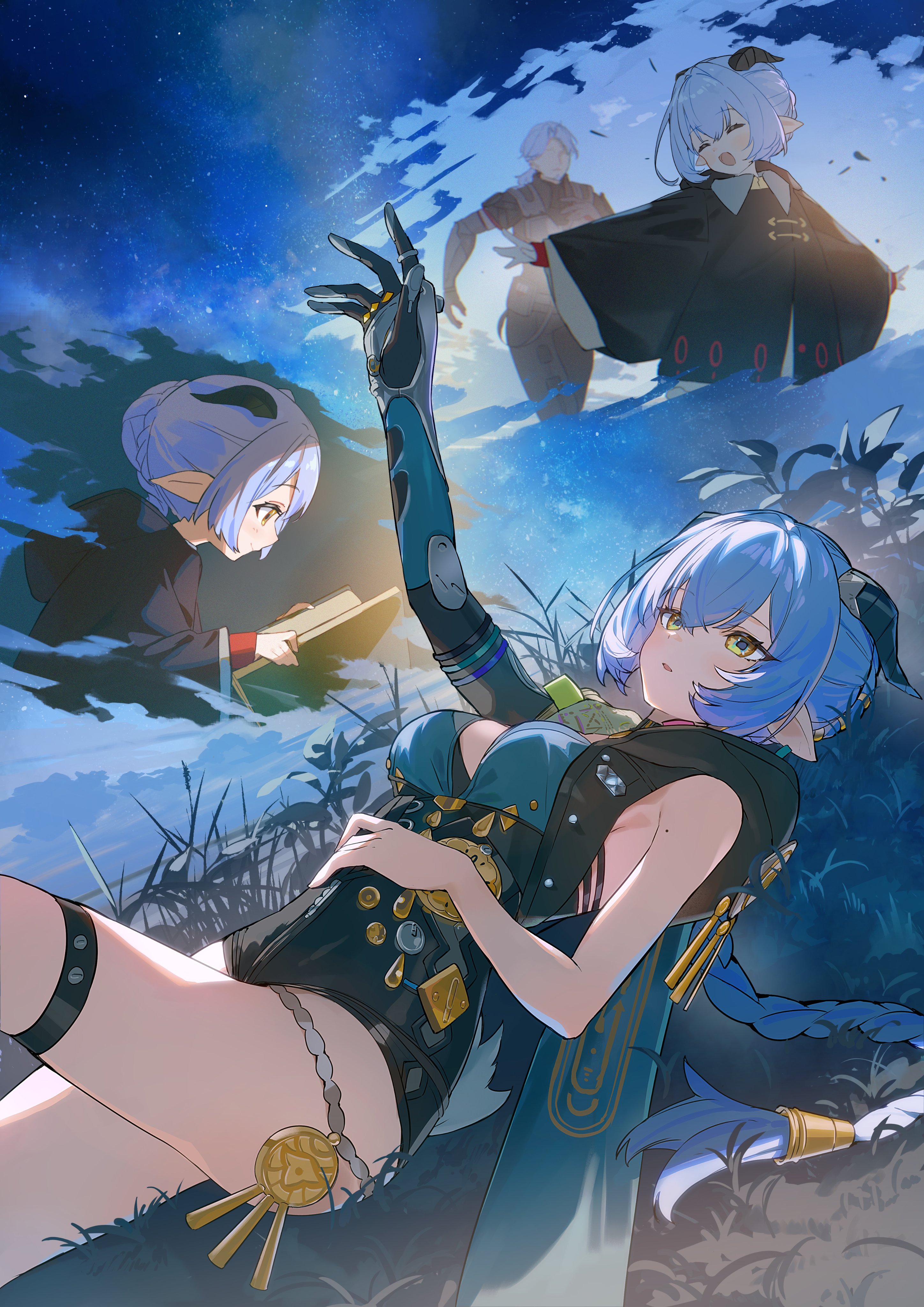 ashima (roro046), lucia elowen, zenless zone zero, absurdres, commentary, english commentary, highres, second-party source, 1boy, 1girl, age difference, aged down, blue hair, breasts, gloves, horns, knee up, long hair, looking up, lying, mole, mole on arm, multiple views, night, on back, outdoors, parted lips, pointy ears, single glove, sky, star (sky), starry sky, thigh strap, yellow eyes
