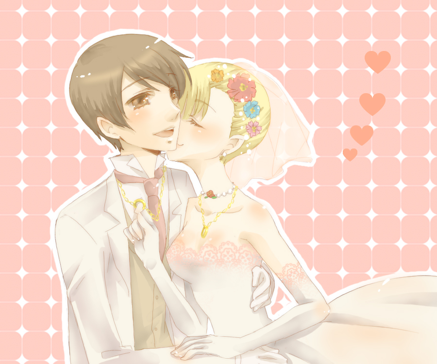 sb ryo0528, louise halevy, saji crossroad, gundam, gundam 00, bad id, bad pixiv id, 00s, blonde hair, blush, bride, closed eyes, dress, elbow gloves, flower, formal clothes, gloves, jewelry, kiss, necklace, short hair, suit, wedding, wedding dress