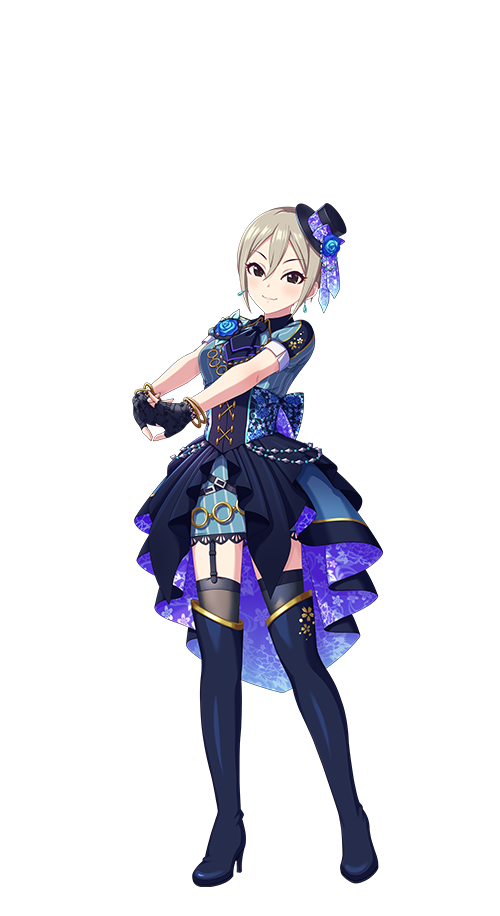 shiomi syuko, idolmaster, idolmaster cinderella girls, idolmaster cinderella girls starlight stage, official art, 1girl, black eyes, boots, dress, fingerless gloves, full body, garter straps, gloves, grey hair, hat, high heel boots, high heels, idol clothes, interlocked fingers, mini hat, smile, solo, thigh boots, thighhighs, transparent background