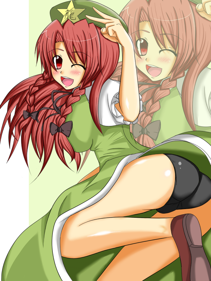 zefyu, hong meiling, embodiment of scarlet devil, touhou, bad id, bad pixiv id, 1girl, ass, beret, black panties, bow, braid, breasts, dress, female focus, hair bow, hat, large breasts, no socks, panties, solo, twin braids, underwear, v, wink, zoom layer