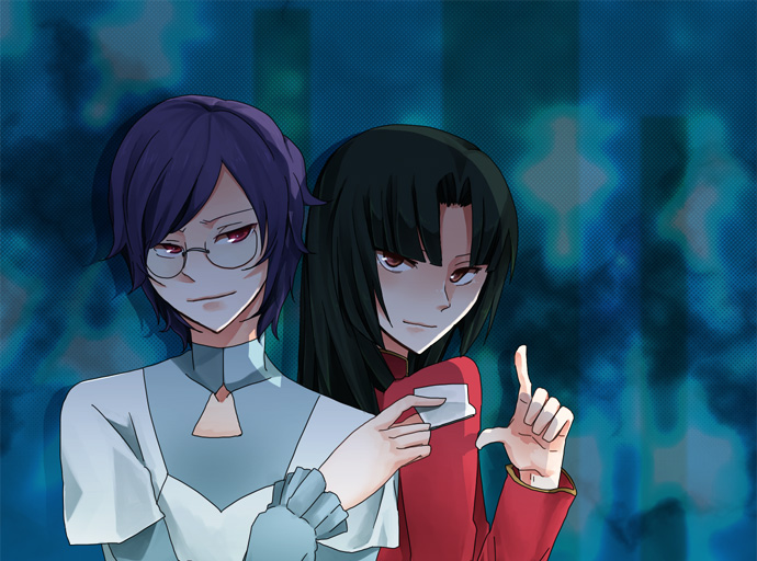 ihara, regene regetta, wang liu mei, gundam, gundam 00, 00s, black hair, glasses, innovators, innovators (gundam 00), purple hair, red eyes