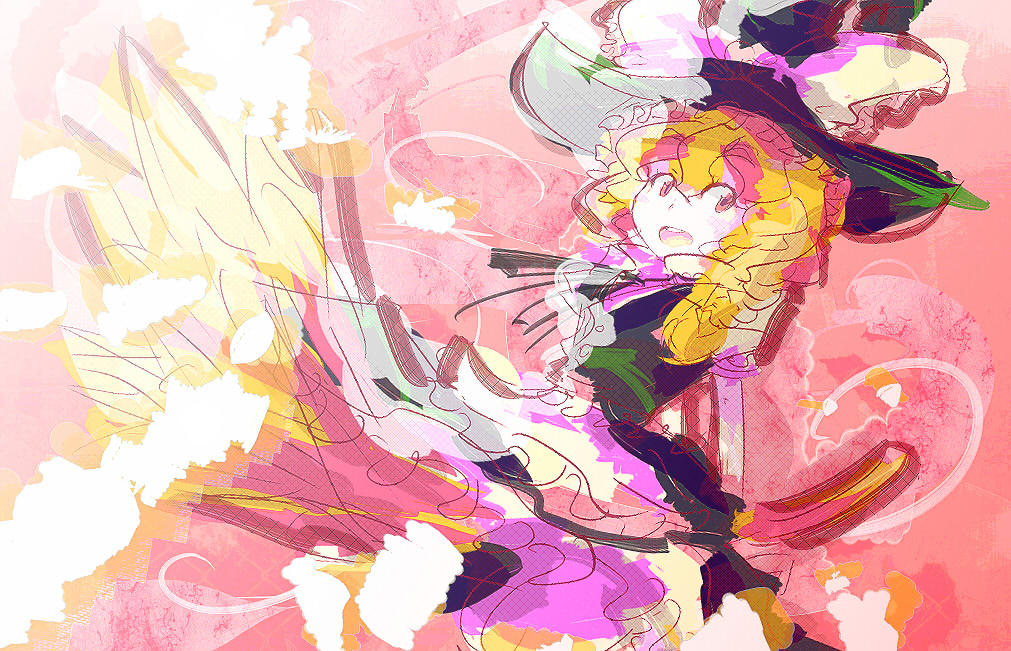 yoshioka yoshiko, kirisame marisa, touhou, 1girl, blonde hair, broom, female focus, hat, solo, witch, witch hat
