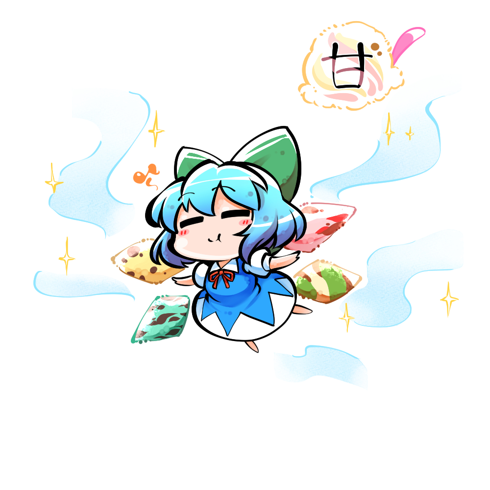 kashuu (b-q), cirno, touhou, 1girl, blue dress, blue hair, blush stickers, bow, chibi, closed mouth, dress, eating, food, green bow, hair bow, ice, ice wings, musical note, neck ribbon, outstretched arms, popsicle, puffy short sleeves, puffy sleeves, red ribbon, ribbon, short sleeves, solo, sparkle, two-tone dress, white background, white dress, white sleeves, wings