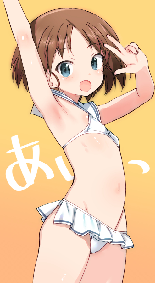 shimada fumikane, sakaguchi karina, z1 leberecht maass (kancolle), z1 leberecht maass (swimsuit) (kancolle), girls und panzer, kantai collection, 1girl, arm up, armpits, bikini, brown hair, cosplay, dot nose, flat chest, looking at viewer, navel, open mouth, solo, standing, stomach, swimsuit, thighs, w, white bikini, z1 leberecht maass (kancolle) (cosplay)