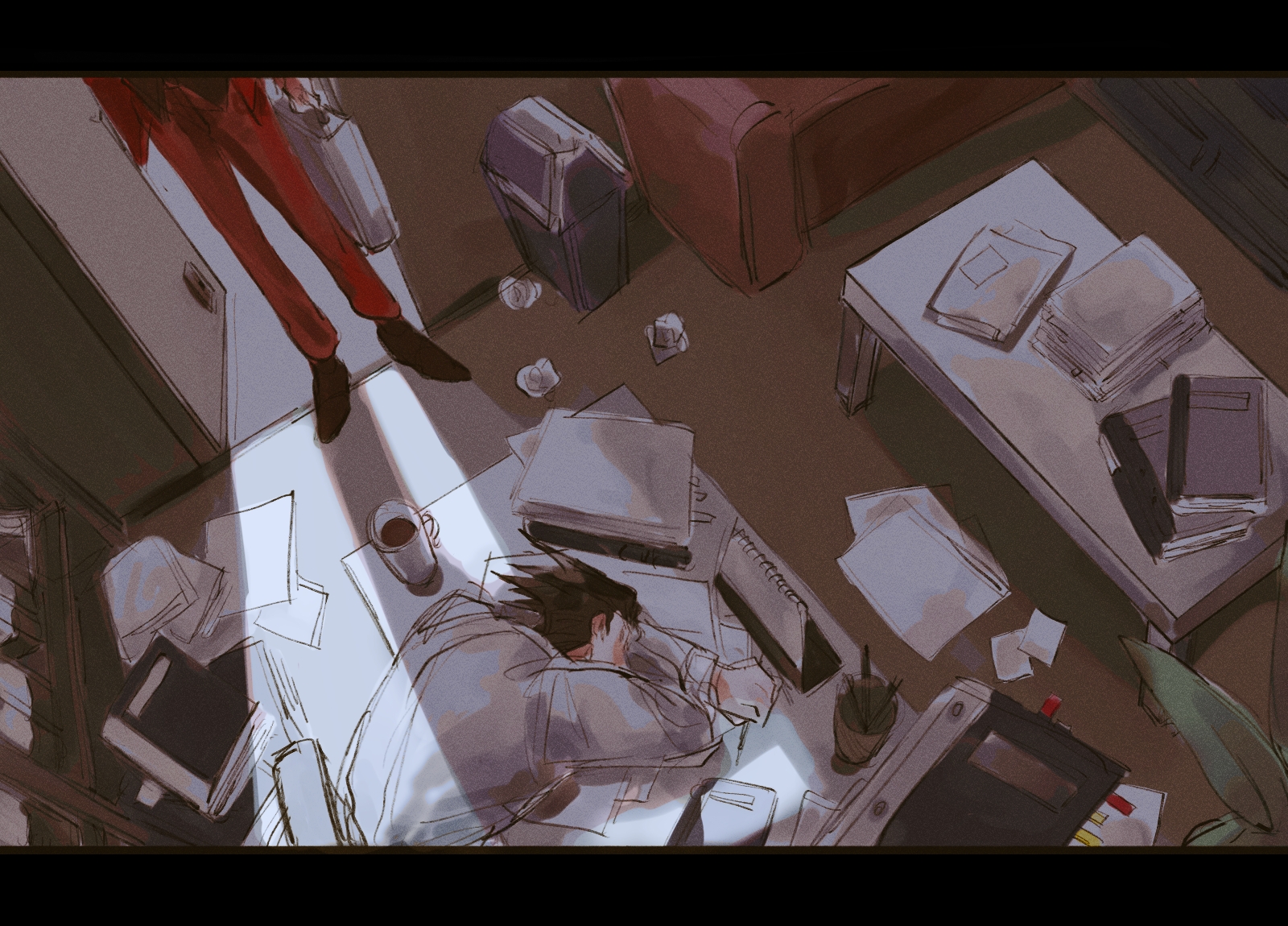 retortbox, miles edgeworth, phoenix wright, ace attorney, commentary, highres, 2boys, bag, book, coffee, couch, crumpled paper, cup, desk, doorway, holding, holding bag, indoors, letterboxed, male focus, mug, multiple boys, pants, paper, red pants, shadow, shirt, short hair, sleeping, sleeping on desk, table, trash can, white shirt