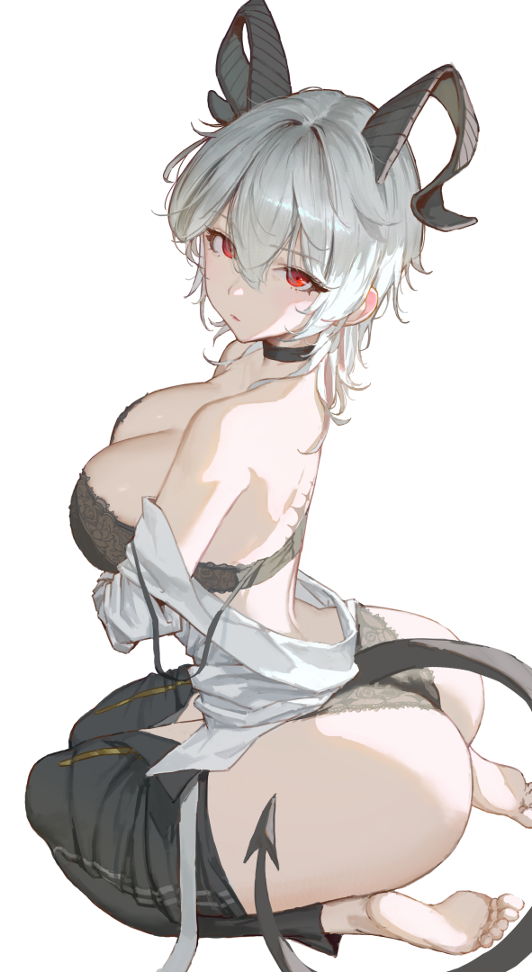 sib (9obsl), zani (wuthering waves), wuthering waves, commentary, 1girl, ass, bare shoulders, barefoot, black bra, black choker, black horns, black panties, black pants, black tail, bra, breasts, choker, closed mouth, clothes down, clothes pull, curled horns, demon tail, feet, from side, hair between eyes, horns, large breasts, long hair, looking at viewer, looking to the side, multicolored hair, panties, pants, pants pull, red eyes, seiza, shirt, simple background, sitting, soles, solo, streaked hair, tacet mark (wuthering waves), tail, thighs, toes, underwear, white background, white shirt