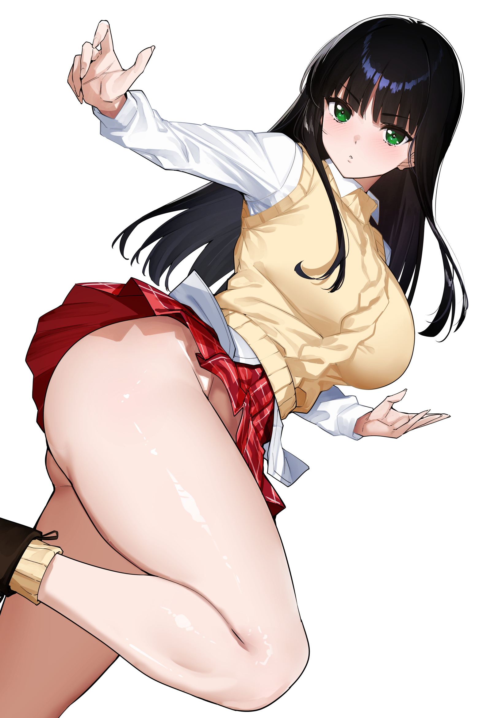 tomohiro kai, shinozuka arashi, gad guard, commentary request, highres, 1girl, ass, black hair, blush, bottomless, clothes lift, green eyes, hand up, hime cut, long sleeves, looking at viewer, miniskirt, no panties, plaid clothes, plaid skirt, red skirt, shirt, simple background, skirt, skirt lift, solo, straight hair, sweater vest, thick thighs, thighs, white background, white shirt, yellow sweater vest