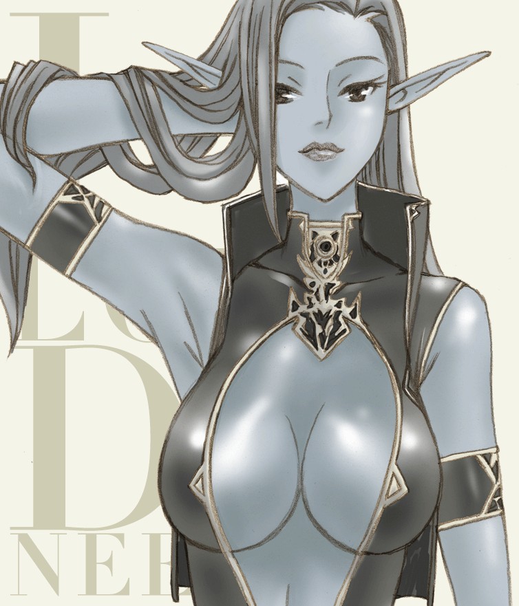 oso (artist), lineage, lineage 2, silver hair, 1girl, armband, black eyes, blue skin, breasts, cleavage cutout, clothing cutout, colored skin, dark-skinned female, dark elf, dark skin, elf, female focus, hair flip, large breasts, long hair, pointy ears, solo, text background, text focus