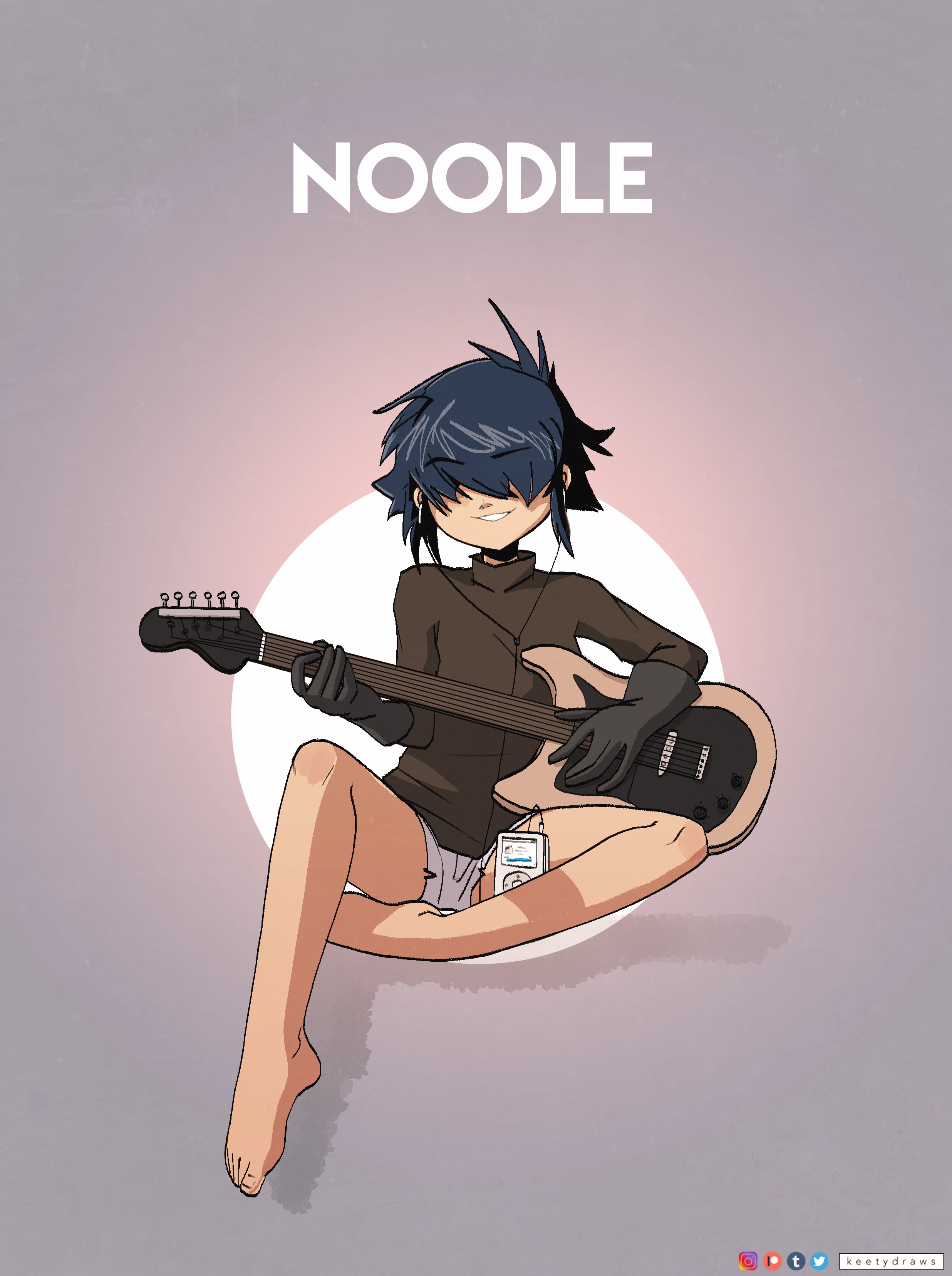 keetydraws, noodle (gorillaz), gorillaz, absurdres, commentary, english commentary, highres, paid reward available, 1girl, artist name, barefoot, black gloves, black hair, black sweater, character name, circle, digital media player, earbuds, earphones, electric guitar, gloves, gradient background, grey background, grin, guitar, hair over eyes, holding, holding guitar, holding instrument, instagram logo, instrument, ipod, listening to music, long sleeves, messy hair, music, no eyes, parted lips, patreon logo, playing guitar, playing instrument, short hair, short shorts, shorts, sidelocks, sitting, sitting on leg, smile, solo, spiked hair, sweater, tumblr logo, turtleneck, turtleneck sweater, twitter logo, white shorts