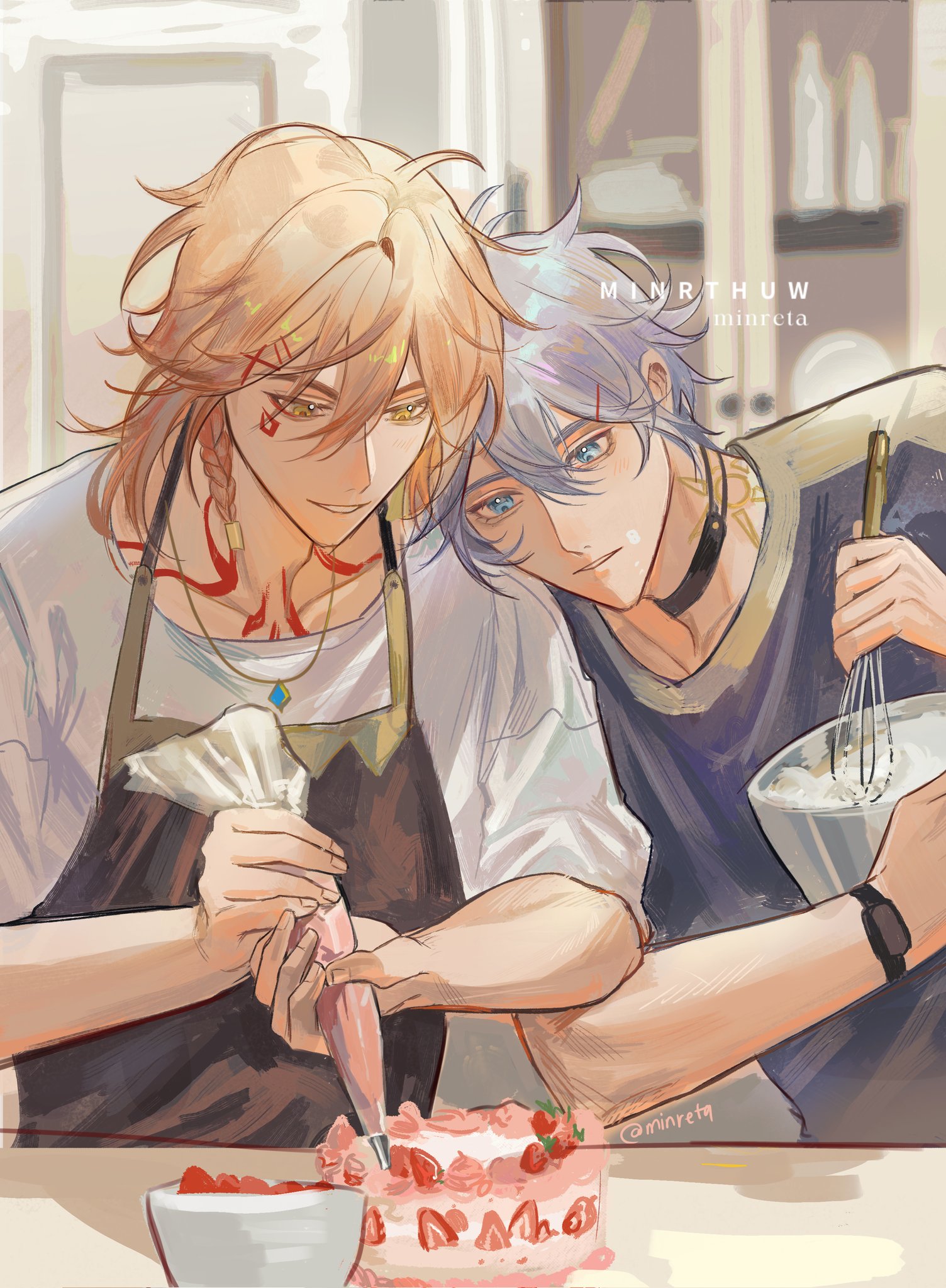 minreta2, mydei (honkai: star rail), phainon (honkai: star rail), honkai: star rail, honkai (series), commentary, english commentary, highres, 2boys, antenna hair, apron, artist name, black apron, black choker, blonde hair, blue eyes, bowl, braid, choker, facial tattoo, gradient hair, holding, holding bowl, holding pastry bag, holding whisk, male focus, medium hair, multicolored hair, multiple boys, neck tattoo, parted bangs, pastry bag, red hair, red tattoo, shirt, short hair, side braid, sun symbol, sun tattoo, tan, tattoo, whisk, white hair, white shirt, yellow eyes