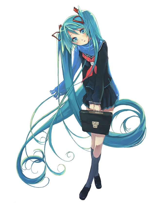 nanatsuki, hatsune miku, vocaloid, bad id, bad pixiv id, 1girl, aqua eyes, aqua hair, bag, black serafuku, blue scarf, briefcase, female focus, full body, hair ribbon, kneehighs, loafers, long hair, miniskirt, pleated skirt, ribbon, scarf, school bag, school uniform, serafuku, shoes, simple background, skirt, socks, solo, standing, twintails, very long hair, white background