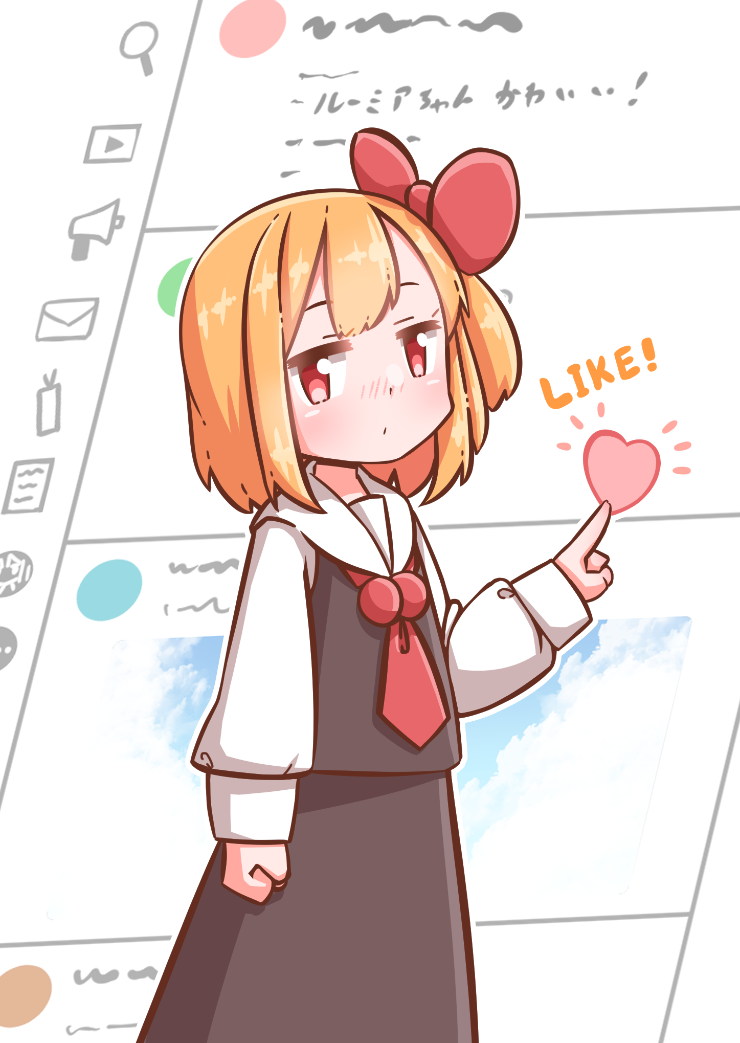 roco (katsuya1011), rumia, touhou, highres, 1girl, ascot, black skirt, black vest, blonde hair, blush, clenched hand, english text, hair ribbon, long sleeves, looking at viewer, pointing, red eyes, ribbon, shirt, short hair, skirt, skirt set, solo, vest, white shirt