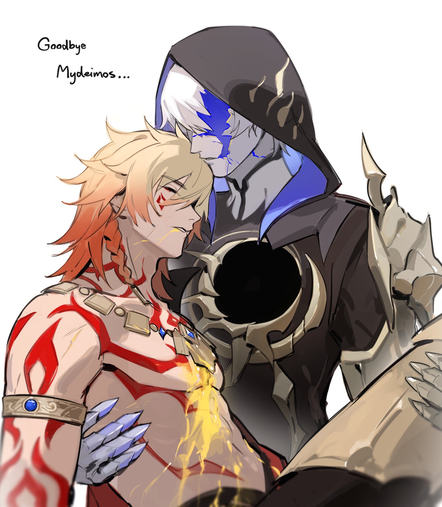 wfleow, flame reaver of the deepest dark, mydei (honkai: star rail), phainon (honkai: star rail), honkai: star rail, honkai (series), highres, 2boys, arm tattoo, armlet, black cloak, black coat, black pants, blonde hair, blood, blood from mouth, braid, chest tattoo, clawed gauntlets, cloak, closed eyes, coat, cracked skin, deep wound, earrings, english text, facial tattoo, gold earrings, gold necklace, gradient hair, hood, hood up, hooded cloak, injury, jewelry, male focus, medium hair, multicolored hair, multiple boys, necklace, open clothes, open coat, pants, red hair, red tattoo, short hair, side braid, simple background, tattoo, white background, white hair, yaoi, yellow blood
