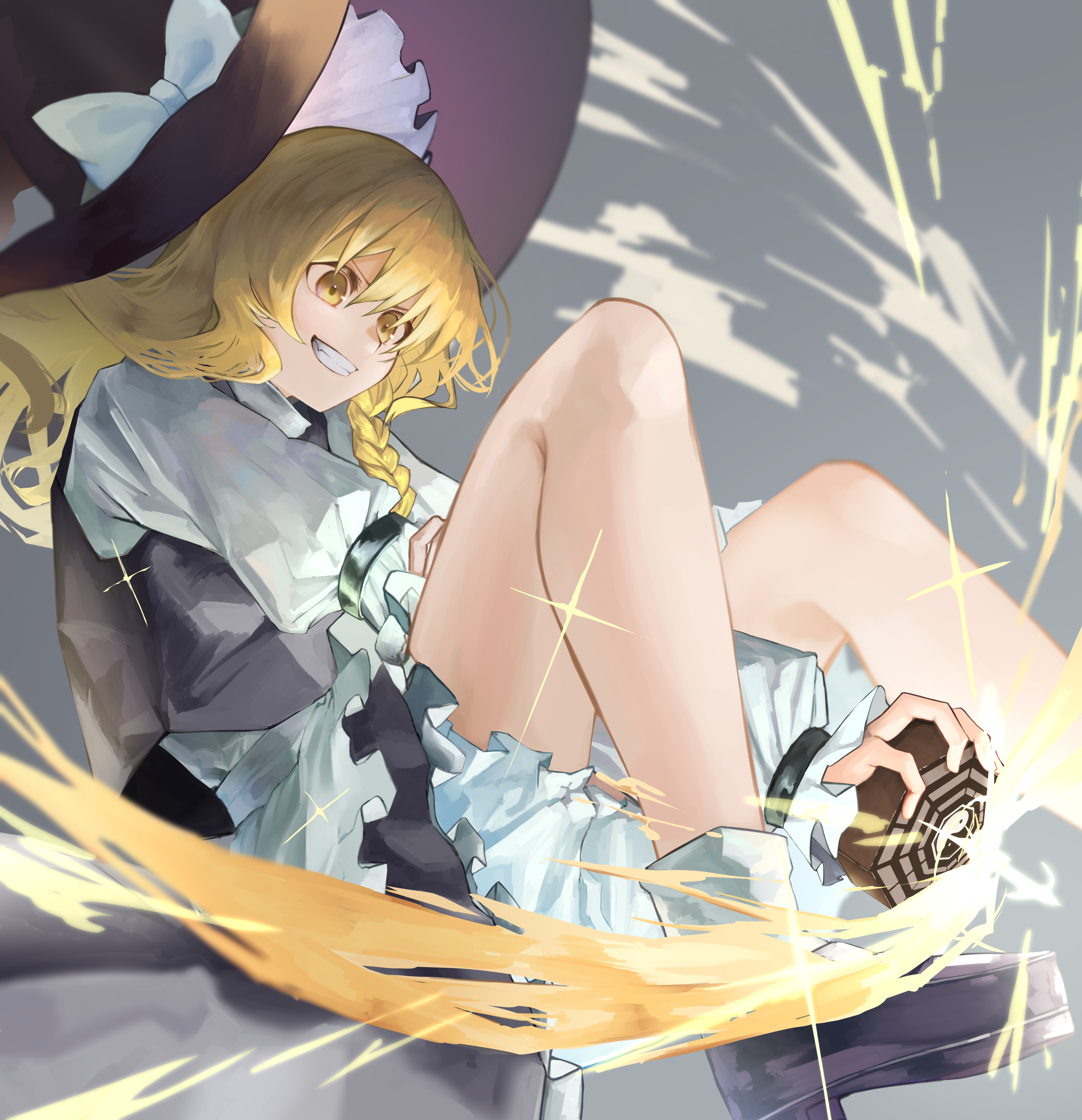 dedemaru, kirisame marisa, touhou, absurdres, highres, 1girl, apron, arm between legs, black hat, black shoes, black vest, blonde hair, bloomers, bobby socks, bow, braid, foot out of frame, frilled apron, frilled hat, frilled skirt, frills, grin, hair between eyes, hat, hat bow, long sleeves, medium hair, mini-hakkero, puffy sleeves, shirt, shoes, side braid, single braid, skirt, skirt set, smile, socks, solo, underwear, vest, waist apron, white apron, white bow, white shirt, white skirt, white socks, witch hat, yellow eyes