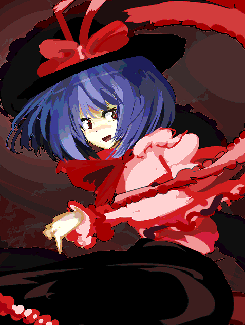 yoshioka yoshiko, nagae iku, touhou, 1girl, blue hair, female focus, hat, red eyes, solo