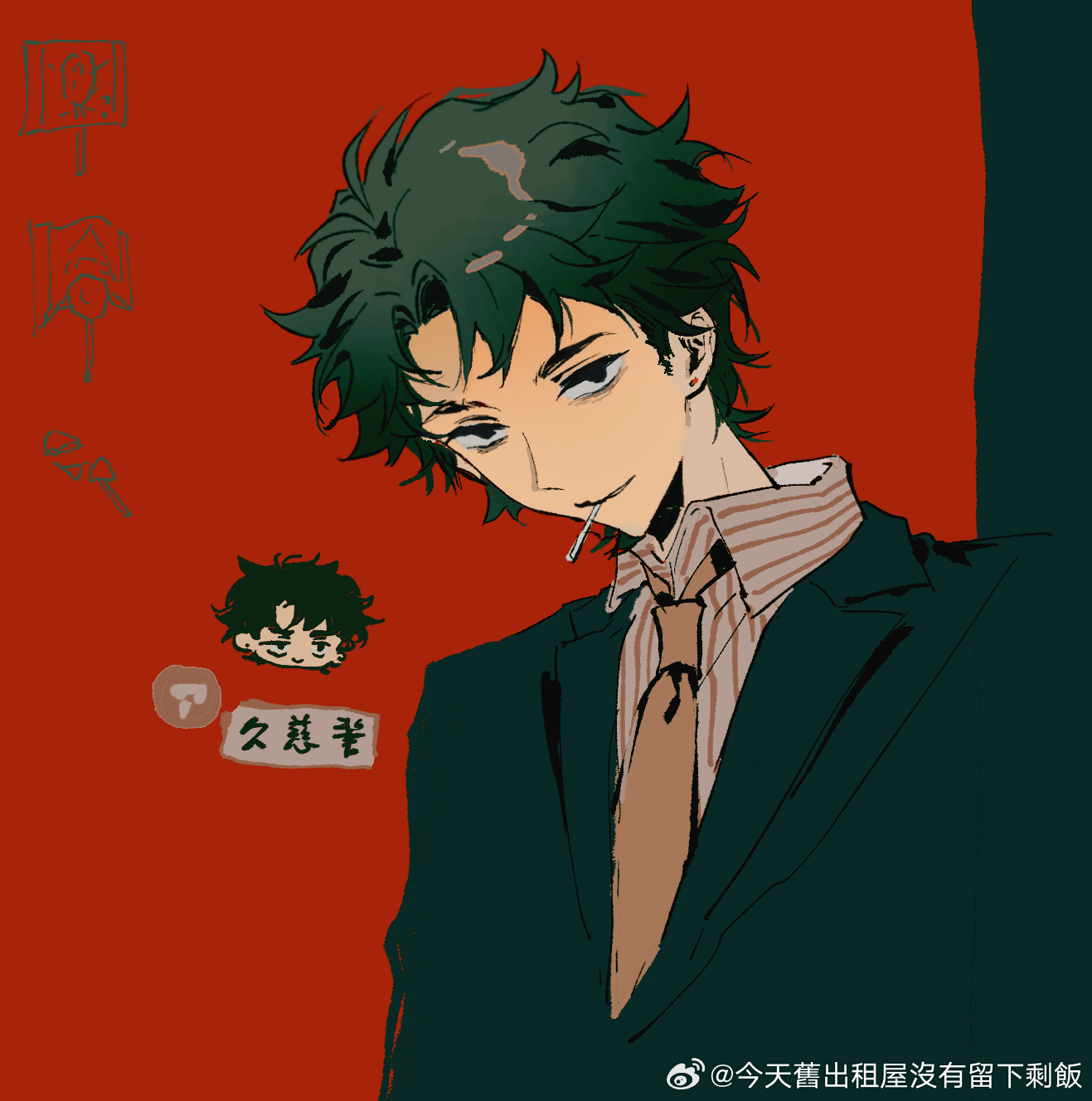 mint1618680, kuji chikai, sarazanmai, highres, 1boy, bags under eyes, black jacket, candy, earrings, food, jacket, jewelry, lollipop, lollipop in mouth, looking at viewer, male focus, messy hair, necktie, red background, shirt, short hair, striped clothes, striped shirt