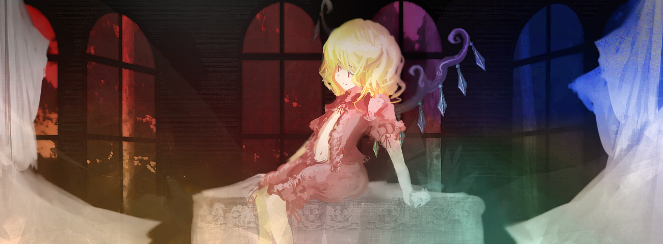 yoshioka yoshiko, flandre scarlet, touhou, 1girl, blonde hair, female focus, indoors, red eyes, short hair, sitting, solo, vampire, window, wings