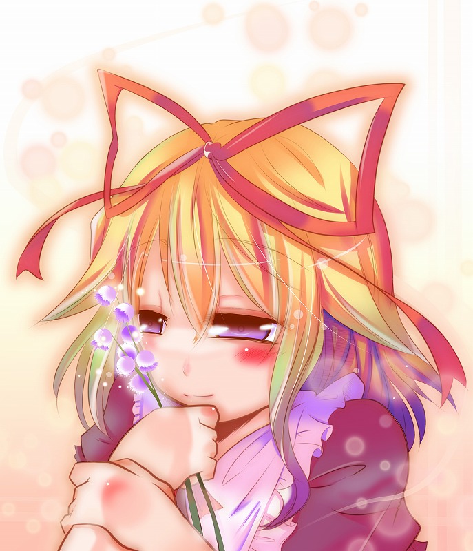 mito (calcomer), medicine melancholy, touhou, bad id, bad pixiv id, 1girl, blonde hair, blush, female focus, flower, half-closed eyes, holding own arm, plant, purple eyes, ribbon, short hair, solo