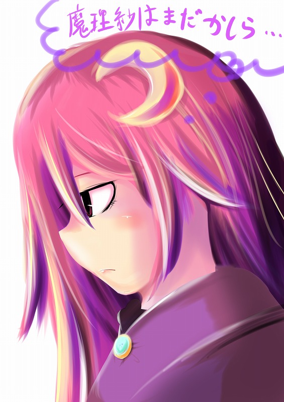 mito (calcomer), patchouli knowledge, touhou, bad id, bad pixiv id, translation request, 1girl, crescent, crescent hair ornament, female focus, hair ornament, long hair, purple hair, solo