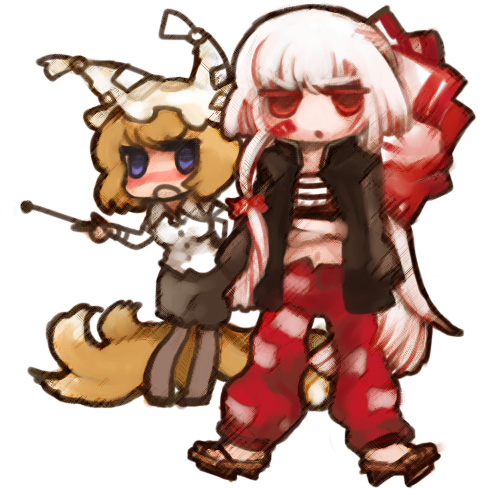 ruto (petatann), fujiwara no mokou, yakumo ran, touhou, bad id, bad pixiv id, lowres, 2girls, animal hat, blonde hair, blue eyes, chibi, crossed arms, female focus, fox tail, geta, hair ribbon, hat, jacket, long hair, long sleeves, midriff, mob cap, multiple girls, pants, red eyes, ribbon, sarashi, short hair, tail, tassel, white background, white hair