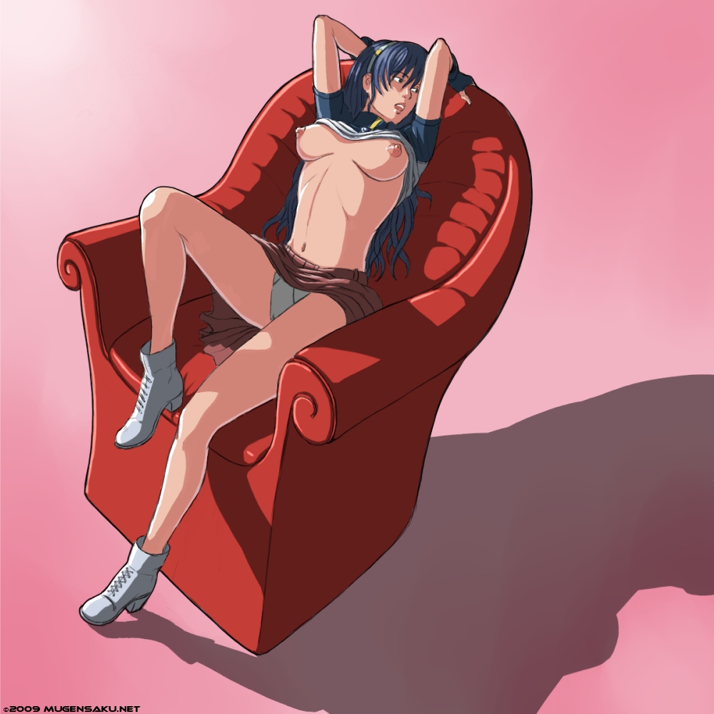 asamiya athena, psycho soldier, snk, the king of fighters, the king of fighters 2002, breasts, breasts out, couch, hair ornament, idol, panties, purple hair, star (symbol), star hair ornament, underwear