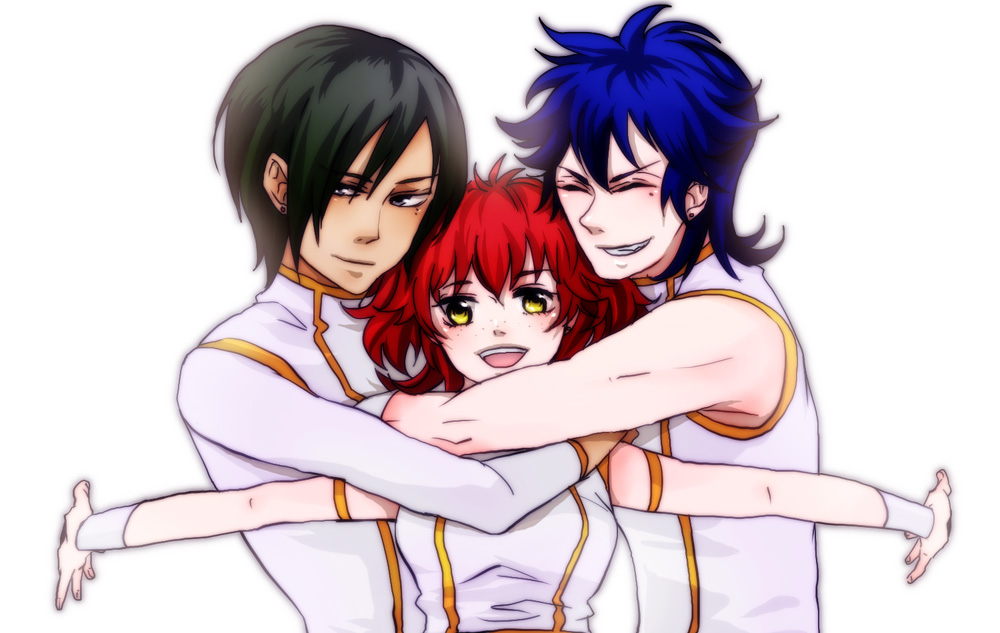 konno karin, meitukikk7, johann trinity, michael trinity, nena trinity, gundam, gundam 00, bad id, bad pixiv id, 00s, 1girl, 2boys, blush, brother and sister, brothers, freckles, hug, multiple boys, open mouth, red hair, siblings, smile, yellow eyes