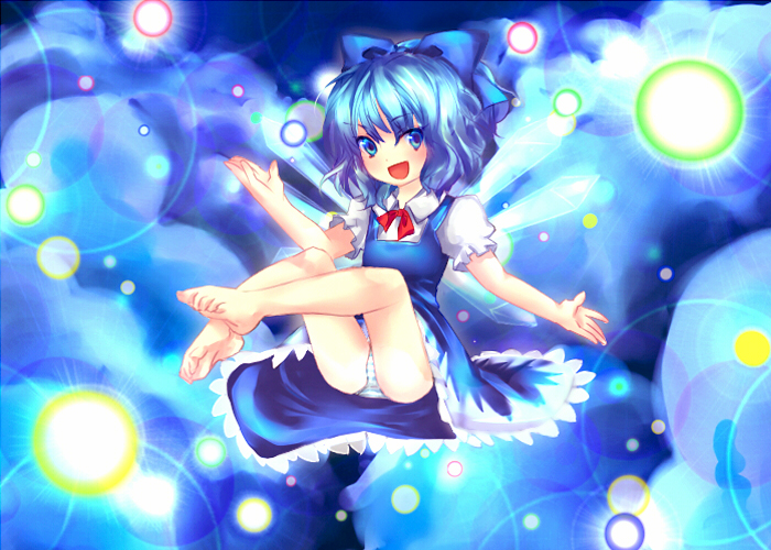 enone, cirno, embodiment of scarlet devil, touhou, 1girl, barefoot, blue eyes, blue hair, danmaku, feet, female focus, legs up, matching hair/eyes, open mouth, outstretched arm, outstretched hand, panties, pantyshot, ribbon, short hair, smile, solo, striped clothes, striped panties, underwear, upskirt, wings