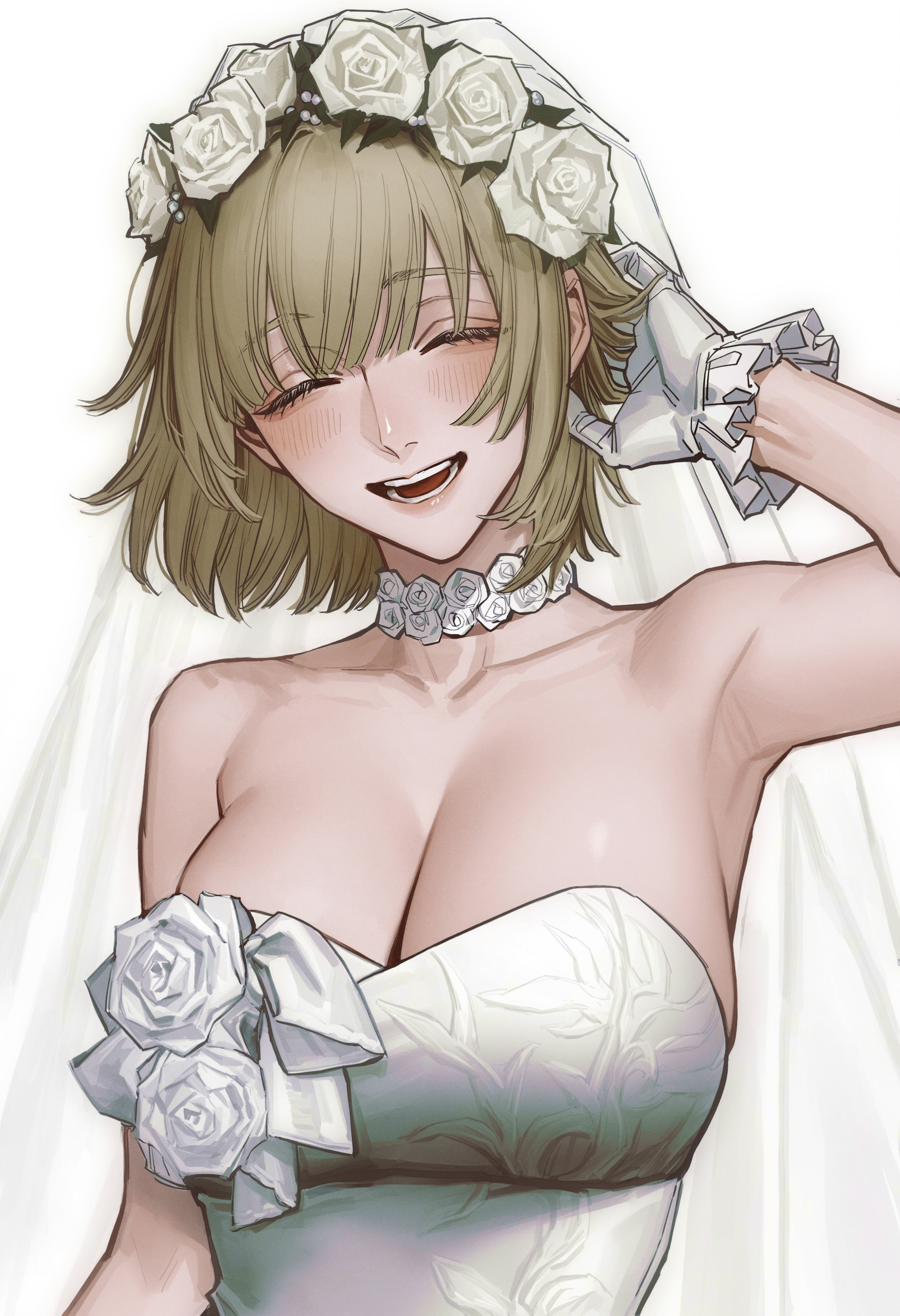falin touden, falin touden (tallman), dungeon meshi, absurdres, highres, 1girl, bare shoulders, blonde hair, blush, breasts, bridal veil, bride, choker, cleavage, closed eyes, dress, flower, gloves, hair flower, hair ornament, large breasts, looking at viewer, open mouth, rose, short hair, simple background, smile, solo, strapless, strapless dress, veil, wedding dress, white background, white dress, white flower, white gloves, white rose, yorelle ml