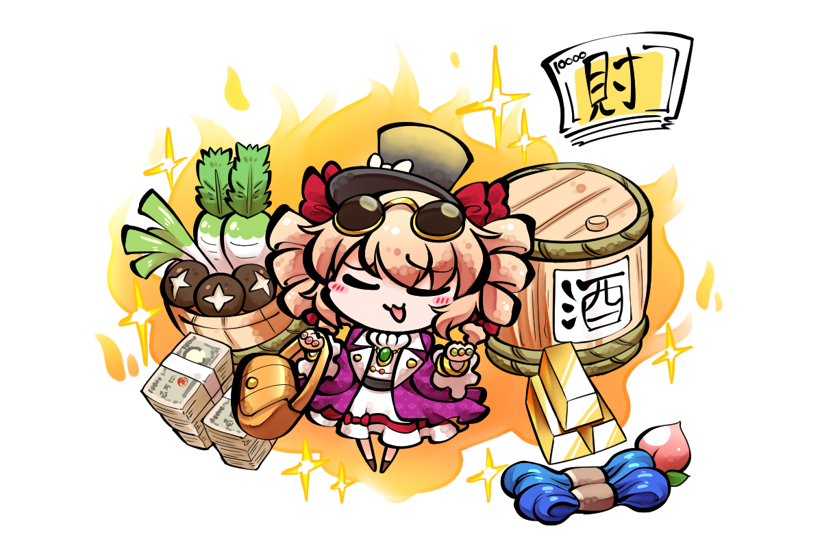 kashuu (b-q), yorigami jo'on, touhou, 1girl, :3, bag, banknote, black hat, blue hair, bow, bracelet, brown hair, chibi, closed eyes, coat, dress, drill hair, earrings, eyewear on head, food, fruit, gold bar, hair bow, handbag, hat, hat bow, holding, holding bag, jewelry, leaf, money, mushroom, open mouth, peach, pendant, radish, ring, solo, spring onion, sunglasses, top hat, twin drills, white bow