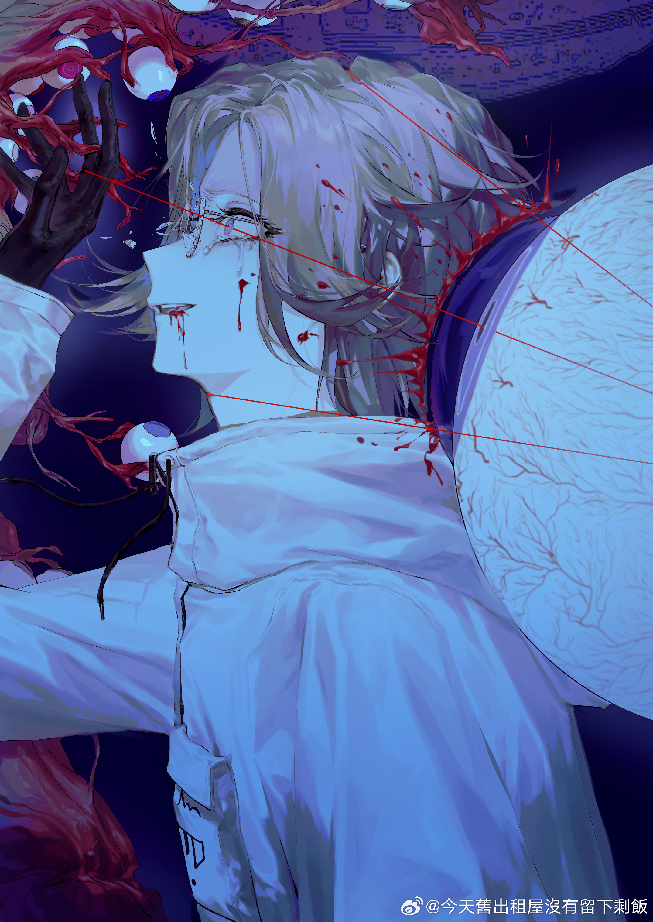 mint1618680, aotsuki eito, the hundred line -last defense academy-, absurdres, highres, 1boy, arm up, black gloves, blood, blood from mouth, blood in hair, blood in mouth, blood on clothes, blood on face, blood on neck, bloody tears, body horror, breast pocket, broken eyewear, broken glass, crying, crying with eyes open, eldritch abomination, eyeball, glass, glasses, gloves, grey hair, jacket, male focus, outstretched hand, pocket, purple eyes, short hair, solo focus, string, string of fate, tears, teeth, upper teeth only
